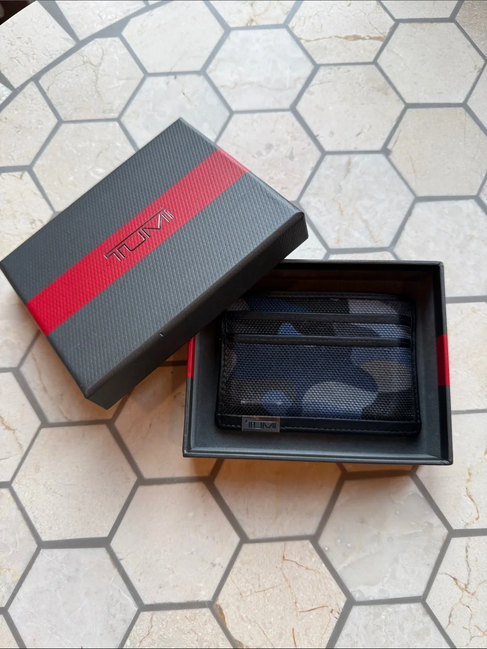TUMI Men’s Blue and Black Camo Card Case Wallet
